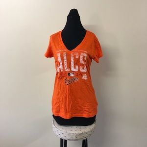 New Medium Baltimore Orioles ALCS Shirt Orange Distressed V Neck Top